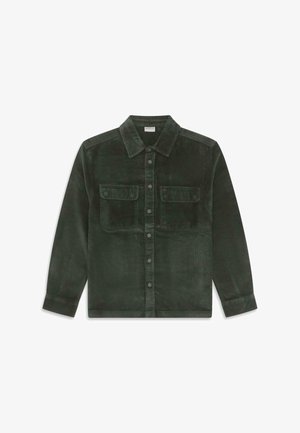 Dunkelgrühe Cordhemd mit langen Ärmeln, einem Kragen, zwei Brusttaschen und durchgehender Knopfleiste. Strukturiertes Gewebe mit vertikalen Rillen.