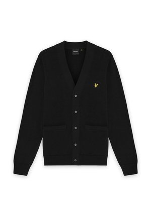 Schwarzer Cardigan mit Knöpfen, V-Ausschnitt, langen Ärmeln, zwei vorderen Taschen und einem kleinen gelben Vogel-Logo auf der linken Brust.