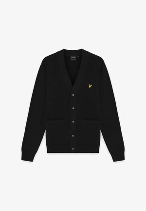 Schwarzer Cardigan mit Knöpfen, V-Ausschnitt, langen Ärmeln, zwei vorderen Taschen und einem kleinen gelben Vogel-Logo auf der linken Brust.