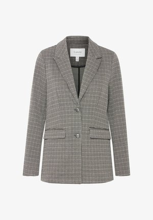 Skræddersyet blazer i sort og hvid houndstooth-mønster, med en notch-krave, to frontlommer og en enkelt knaplukning.