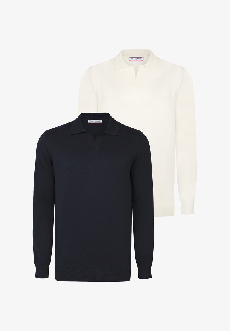 Due maglioni polo a manica lunga: uno di colore blu scuro, l'altro di colore crema. Entrambi presentano un colletto classico e polsini a costine, realizzati in morbido materiale a maglia.