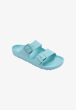 Light blue slip-on sandal with two adjustable buckled straps and contoured sole, designed for casual wear.