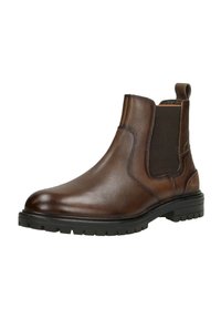 Bottine Chelsea en cuir marron avec panneaux latéraux élastiques, bout rond, surface texturée et semelle en caoutchouc robuste.