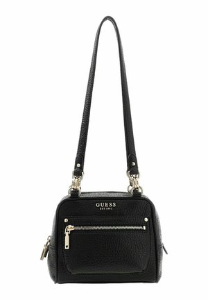 Borsa a tracolla in pelle nera con superficie testurizzata, tasca frontale con zip e dettagli color oro; dotata di una tracolla singola regolabile.