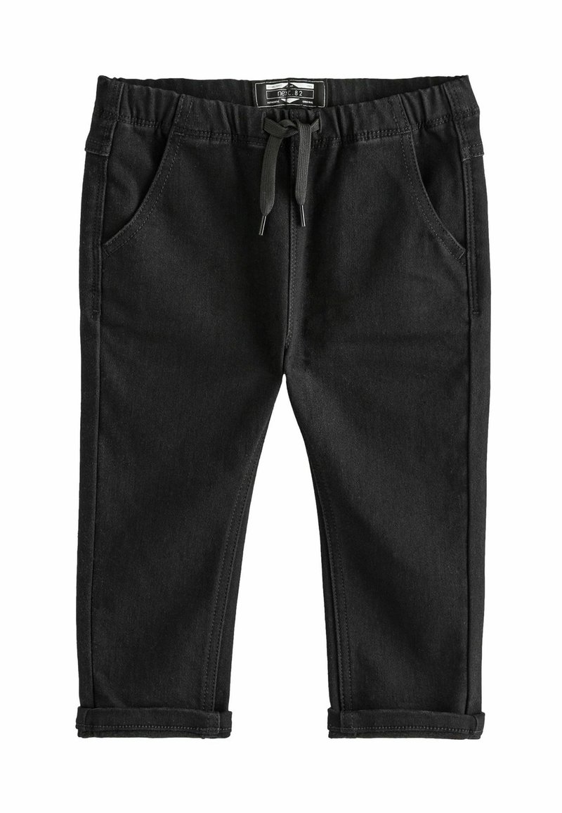 Pantalons en denim noir avec une taille élastique, fermeture à lien, deux poches avant et ourlets retournés. Texture lisse et design ajusté.