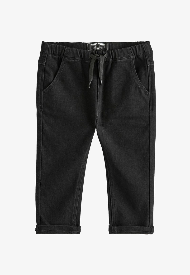 Pantalons en denim noir avec une taille élastique, fermeture à lien, deux poches avant et ourlets retournés. Texture lisse et design ajusté.