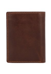 Braune Leder-Bi-Fold-Geldbörse mit sichtbaren Nähten entlang der Ränder, geschlossen vor weißem Hintergrund gezeigt.