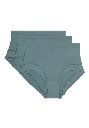 Pack of three pairs of teal women's briefs made from soft cotton. Features a smooth waistband and seamless design for comfort.