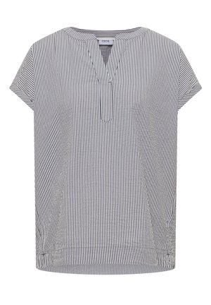 Halenka s krátkým rukávem, šedobílý svislý pruhovaný vzor, kulatý rozdělený výstřih a volný střih.