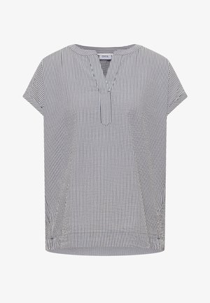 Blusa de manga corta, a rayas verticales en gris y blanco, con escote redondo partido y ajuste holgado.