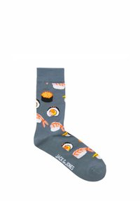 Szare skarpetki z wzorami sushi i krewetek. Posiadają ściągacz i białe logo marki, oferując zabawny design na gładkiej fakturze.