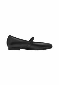 Schwarze Leder-Balletschuhe mit einer abgerundeten Zehe und einem dekorativen Riemen über dem Fuß. Glatte Textur und niedriger Absatz. Minimalistisches Design.