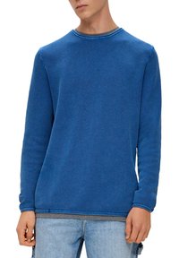 Blau strukturierter Langarm-Sweatshirt mit rundem Ausschnitt und kontrastierendem grauem Innenkragen. Legere Passform mit ärmellangen Ärmeln.
