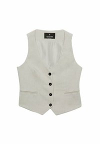 Jasnoszary leniwierze z głębokim dekoltem w kształcie litery V, pięcioma czarnymi guzikami i dwoma kieszeniami z przodu. Gładka tekstura, dopasowany krój i bez rękawów.