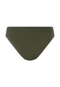 Olijfgroene bikini onderkant met een gladde textuur, laag uitgesneden ontwerp en een brede, geribbelde tailleband voor extra comfort.