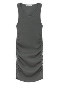 Robe débardeur grise en tissu côtelé, dotée de fronces sur les côtés pour ajouter de la texture et d'un design sans manches. Finition lisse avec un col rond.