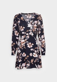 Abito avvolgente floreale in blu navy con maniche lunghe. Presenta una scollatura a V, motivi floreali rosa e beige, e una vita aderente che si apre in una gonna.