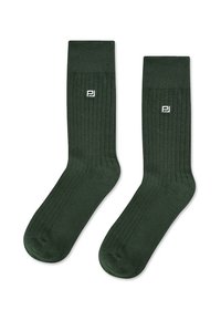 Ciemnozielone skarpety prążkowane z elastycznymi mankietami, z białym logo na kostce. Wykonane z gładkiego, oddychającego materiału.