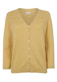 Cárdigan amarillo de punto con escote en V, cierre de cinco botones y detalle de patrón horizontal en el pecho. Textura suave.