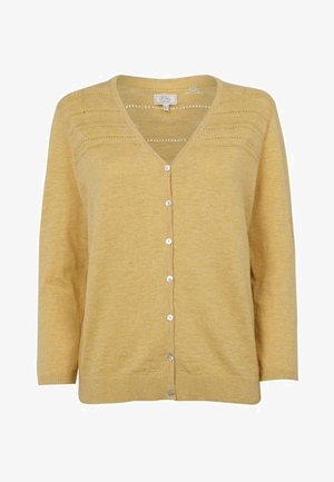 Yellow knitted cardigan featuring a v-neckline, five button closure, and horizontal pattern detail across the chest. Soft texture.