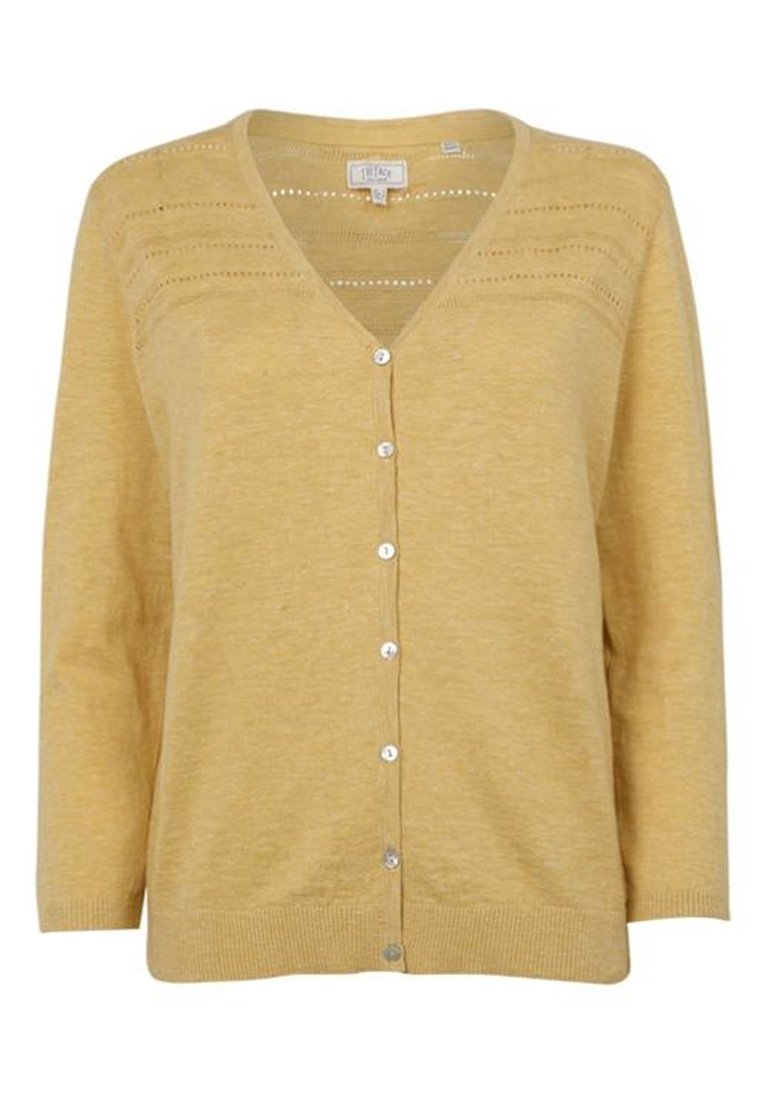 Cárdigan amarillo de punto con escote en V, cierre de cinco botones y detalle de patrón horizontal en el pecho. Textura suave.