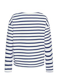 Langærmet top med vandrette navyblå og hvide striber, lavet af et blødt stof med afslappet pasform og rund halsudskæring.