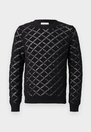 Maglione nero a maniche lunghe lavorato a maglia con motivo a rete a forma di diamante e polsini, orlo e scollatura girocollo a coste.