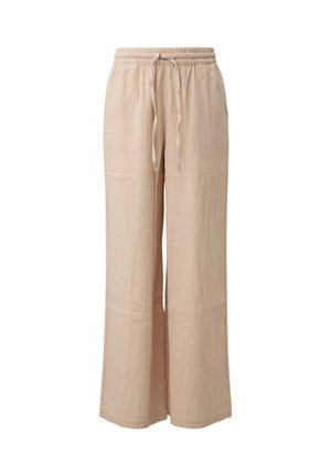 Beige broek met wijde pijpen, elastische tailleband en trekkoord, gemaakt van een gestructureerde, lichte stof.