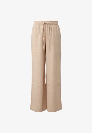 Beige broek met wijde pijpen, elastische tailleband en trekkoord, gemaakt van een gestructureerde, lichte stof.