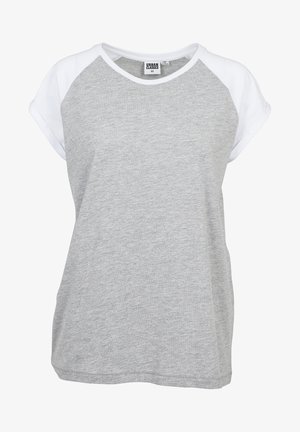Grijze T-shirt met witte raglanmouwen, ronde hals, relaxte pasvorm, gemaakt van zacht, lichtgewicht materiaal, met een gladde textuur.