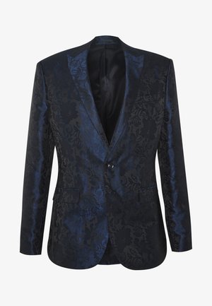 Zwarte en blauwe blazer met bloemenpatroon, met één knoop, notch revers, voorzakken, textiel met een structuur, gevoerd interieur.