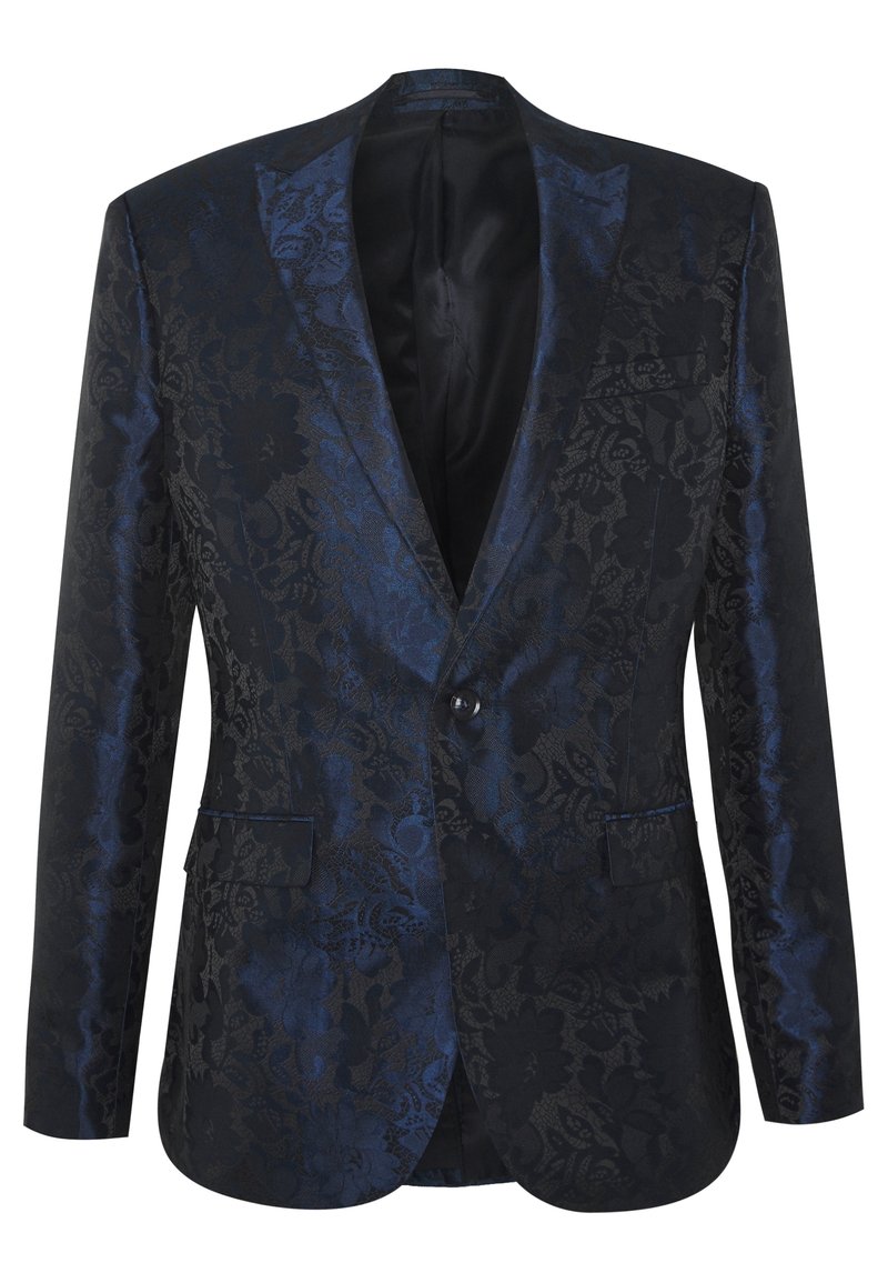 Blazer à motifs floraux noir et bleu, à un bouton, revers cranté, poches avant, tissu texturé, intérieur doublé.