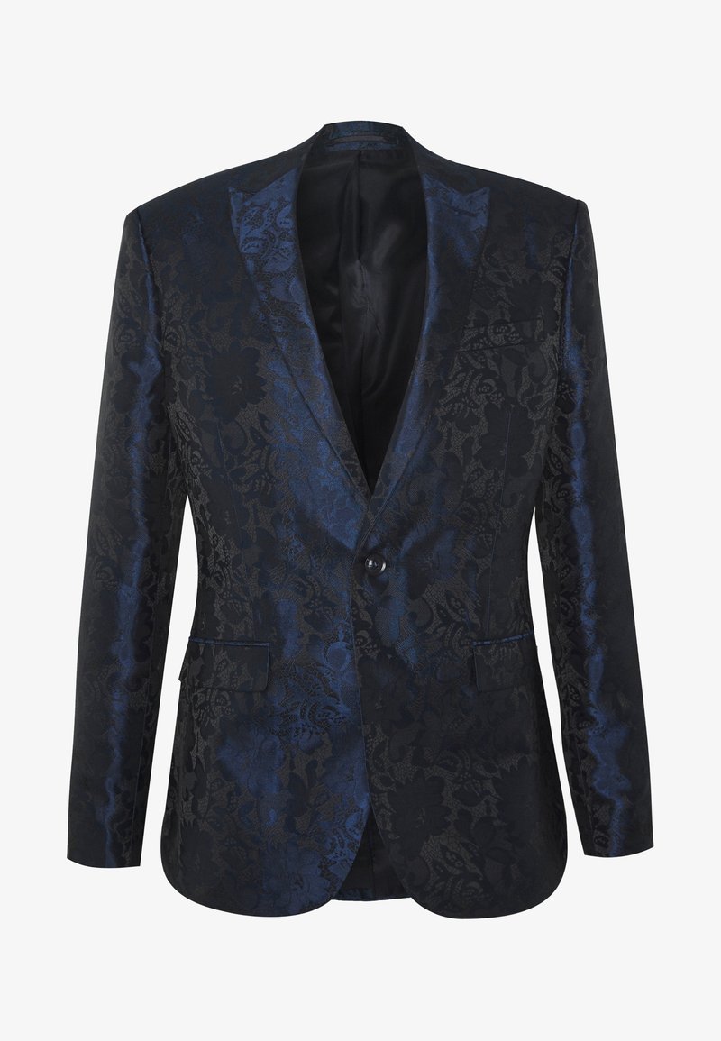 Blazer à motifs floraux noir et bleu, à un bouton, revers cranté, poches avant, tissu texturé, intérieur doublé.