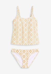 Set di tankini con top a scollatura quadrata e slip bikini, realizzato in tessuto texturizzato con un motivo a diamante nelle tonalità di crema e beige chiaro.