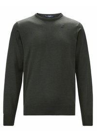 Maglione verde lavorato a maglia con scollo rotondo, maniche lunghe e un piccolo logo sul petto, con polsini e orlo a coste.