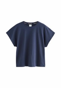 Námornícky modré tričko s krátkym rukávom vyrobené z bavlny. Okrúhly výstrih, voľný strih a hladká textúra s rovný lem. Minimalistický dizajn.