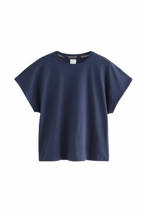 Námorně modré tričko s krátkým rukávem vyrobené z bavlny. Kulatý výstřih, volný střih a hladká textura s rovnýma okraji. Minimalistický design.