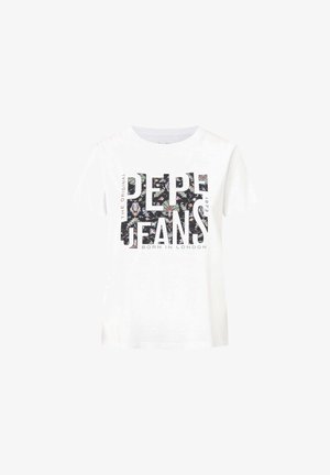 Weißes Baumwoll-T-Shirt mit kurzen Ärmeln, das ein auffälliges, farbenfrohes Grafiktextdesign mit der Aufschrift "DEPE JEANS" und floralen Akzenten zeigt.