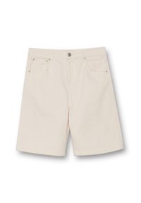 Pantalones cortos de algodón beige con trabillas, dos bolsillos delanteros y cierre de botón metálico. Diseño de corte recto. Textura suave.