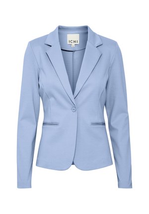 Helles blaues Blazer aus weichem Stoff, mit klassischem Revers, Ein-Knopf-Verschluss und Dreiviertelärmeln sowie seitlichen Taschen.