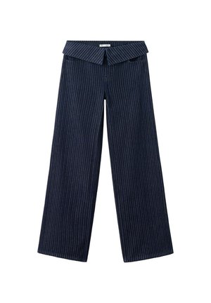 Pantalones de pierna ancha azul marino con rayas blancas finas y una cintura ancha doblada, mostrados extendidos sobre un fondo blanco.