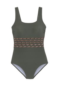 Bañador de una pieza verde oliva con escote cuadrado, que presenta una banda horizontal con estampado de leopardo en la cintura y tirantes de ancho medio.