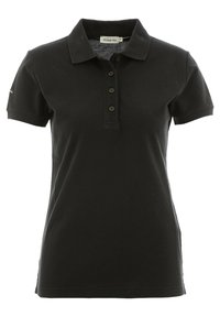 Sort polo-shirt lavet af bomuld, med krave, korte ærmer og tre knaplukninger. Enkel design uden mønstre eller accenter.