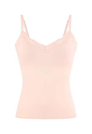 Hellrosa Camisole mit Spitzenbesatz entlang des Ausschnitts und verstellbaren Schulterriemen.