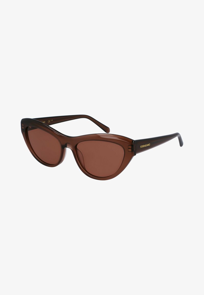 Brown cat-eye sunglasses with a glossy finish, featuring tinted lenses and a subtle logo on the temple. The arms have a tapered design.