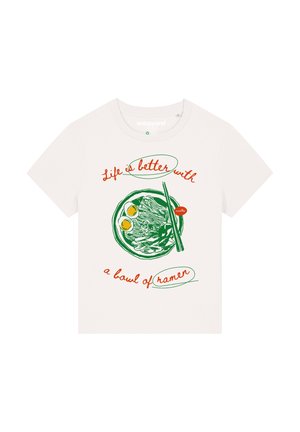White cotton t-shirt featuring a graphic of ramen in a bowl with green, yellow, and red accents, and the text "Life is better with a bowl of ramen."