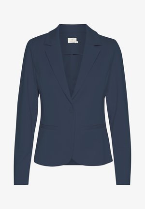 Navy blue blazer made of smooth fabric, featuring a notched lapel, single button closure, two front pockets, and a tailored fit.