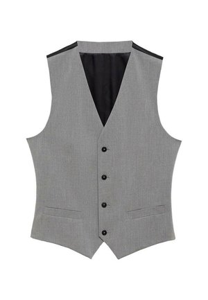 Graue Weste mit einer glatten Textur, ausgestattet mit einem V-Ausschnitt, sechs schwarzen Knöpfen, zwei Vordertaschen und einem schwarzen Innenfutter.