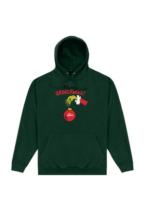 Grøn hoodie med en frontlomme, der har et cartoon-design af Grinch, rød tekst med "Merry GRINCHMAS!" og et rødt ornamentgrafik.