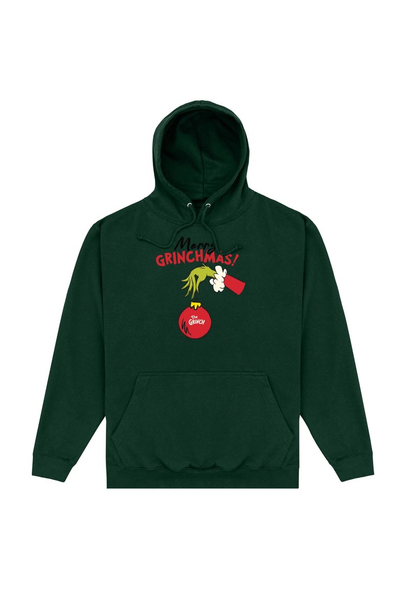 Felpa verde con tasca frontale, caratterizzata da un design del Grinch in stile cartoon, testo rosso che recita "Buon GRINCHMAS!" e un grafico di decorazione rossa.
